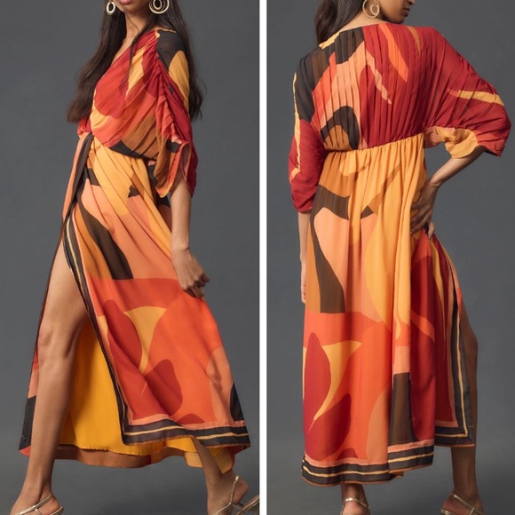 FARM Rio Dresses & Skirts - FARM Rio Red Orange & Yellow Abstract Pleated Maxi Dress